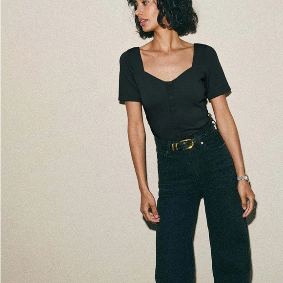 Nation LTD Marcella Button Front Sweetheart Neckline Short Sleeve Top in Black - Picture 3 of 13